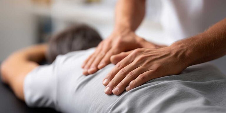 A close-up of a practitioner using a stainless steel Graston tool on a person's forearm in a clinical setting.